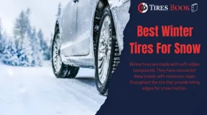 A car having winter tires riding on snow covered road