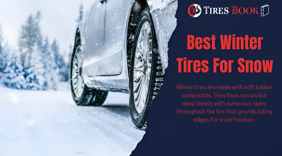 A car having winter tires riding on snow covered road